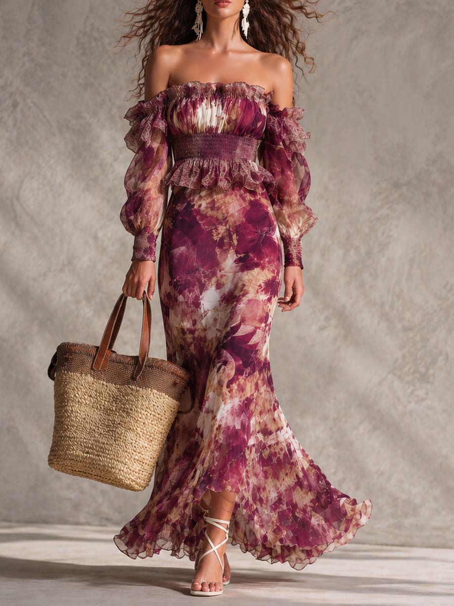 Rosine | Antique Rose Maxi Dress with Off-Shoulder Design and Floral Pattern