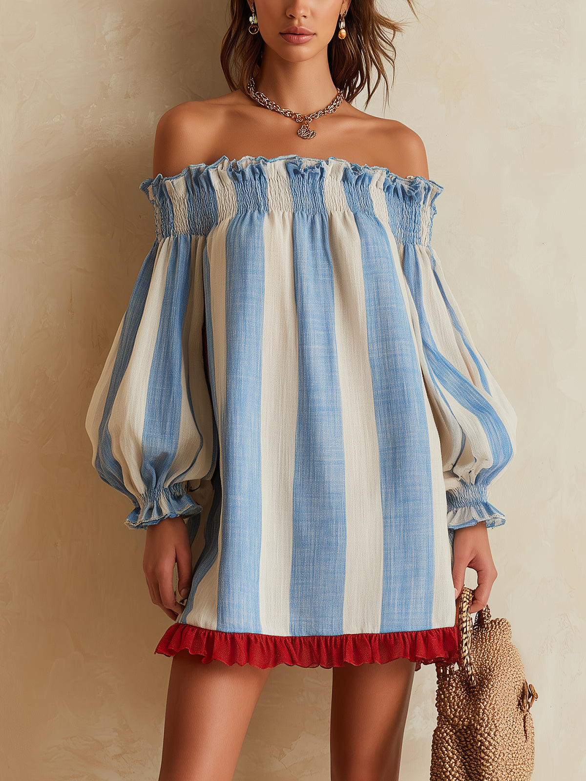 Ondine | Mini Striped Dress in Blue and White with Off-the-Shoulder Design and Contrast Hem