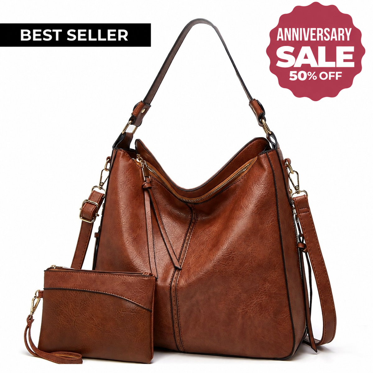 Luxury Leather Hobo Anti-Theft Handbag + FREE Pouch Wallet
