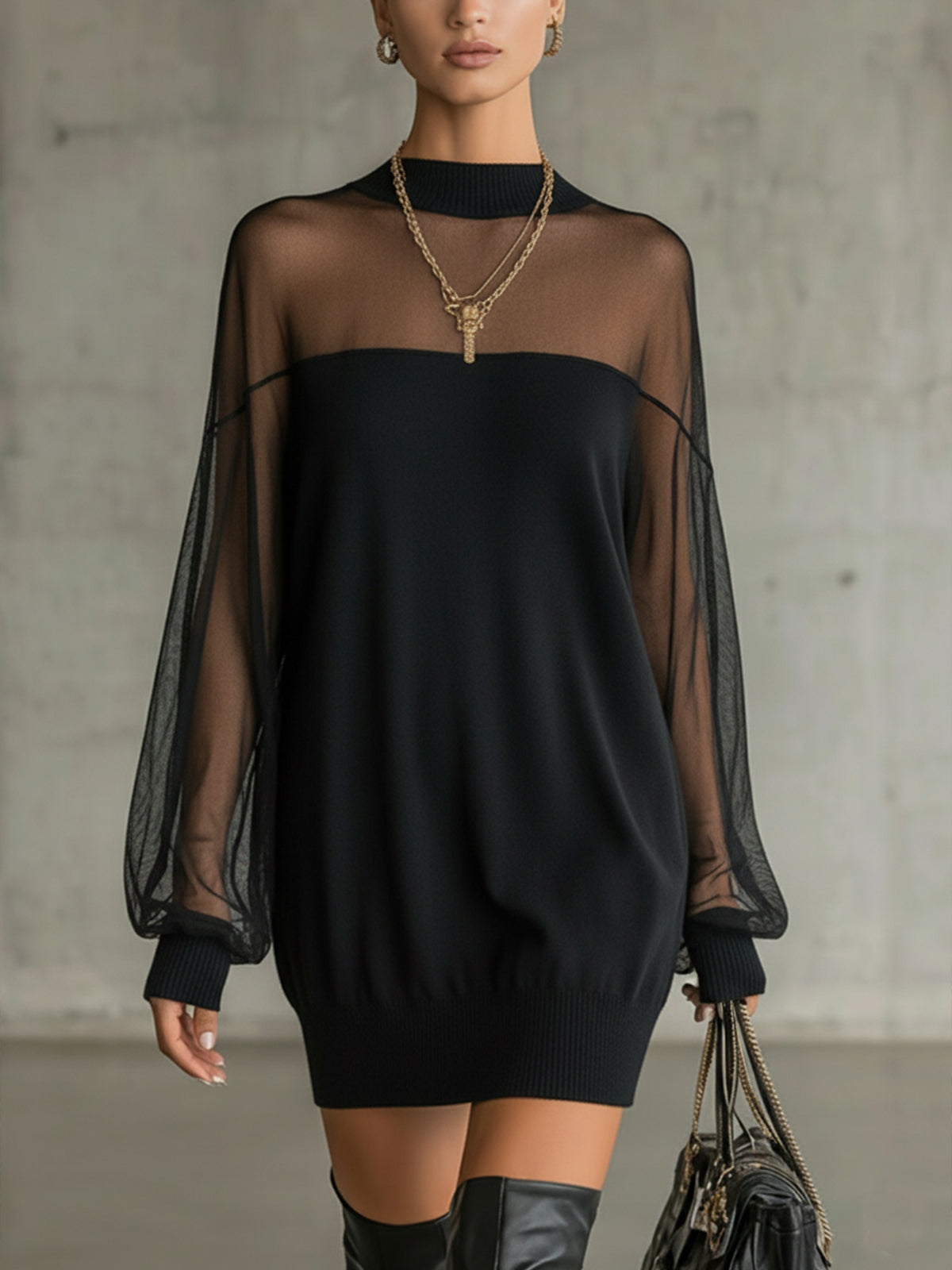 Domitille | Mini Black Dress, Sheer Mesh Sleeves, High Neck