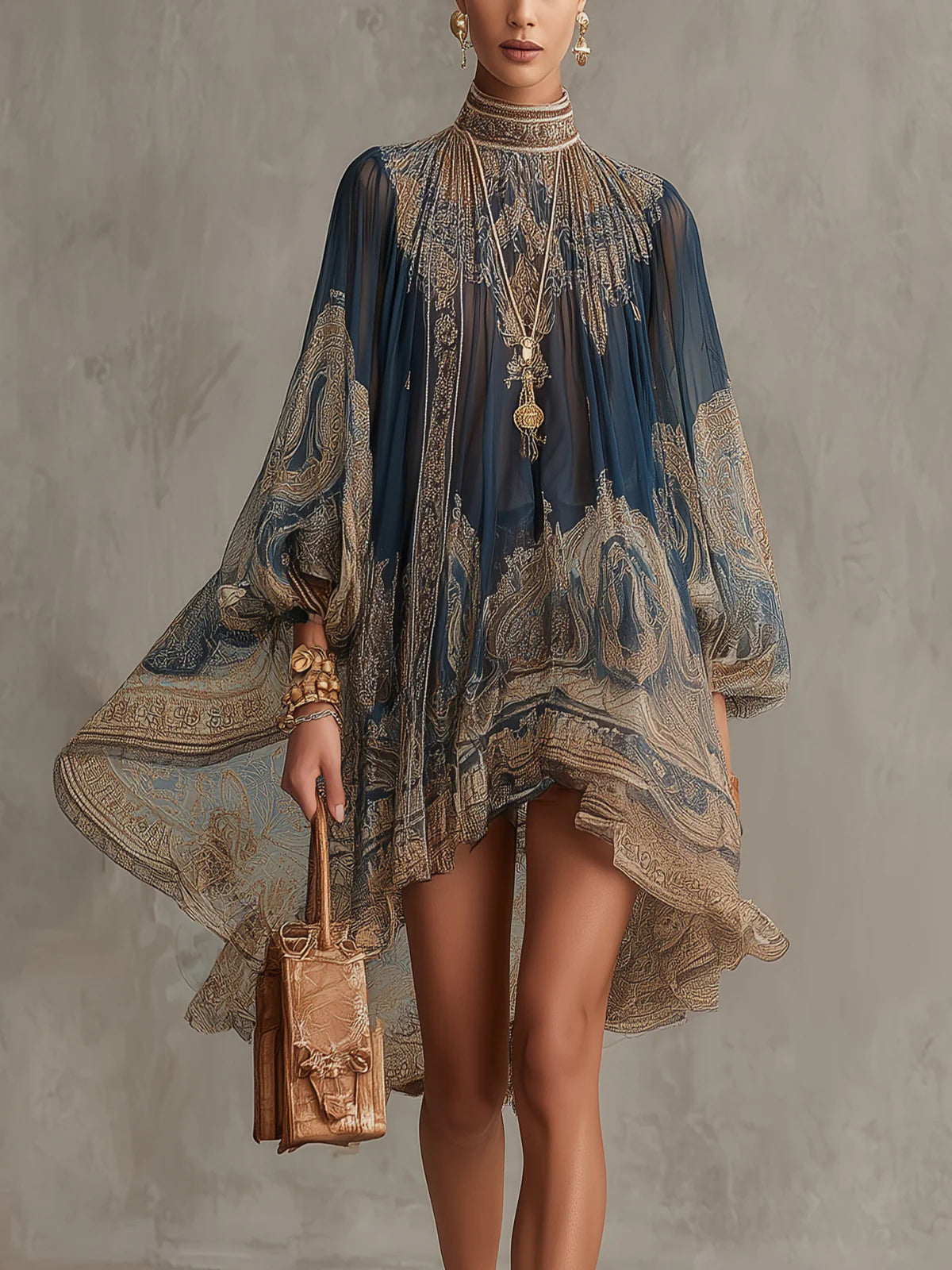 Bérénice | Asymmetrical Mini Dress in Navy Blue Chiffon with Baroque Print and High Neck