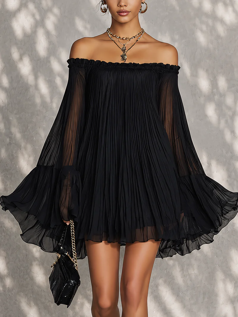 Océane | Black Mini Dress with Bell Sleeves and Ruched Off-the-Shoulder Design