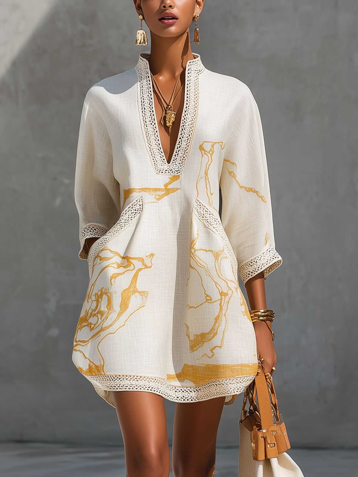 Aliénor | Ivory Mini Dress in Crocheted Lace with Gold Patterns and V-Neck