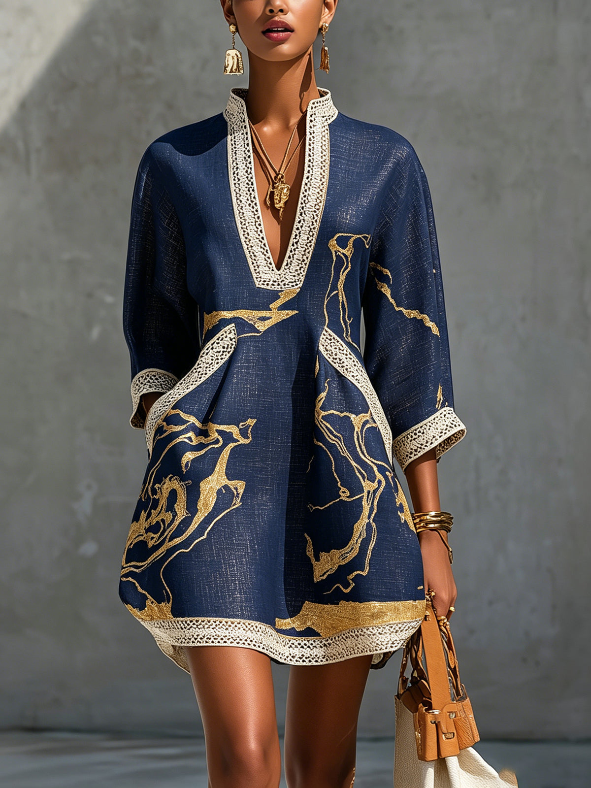 Cosette | Navy Blue Mini Dress in Crocheted Lace with Golden Patterns and V-Neck