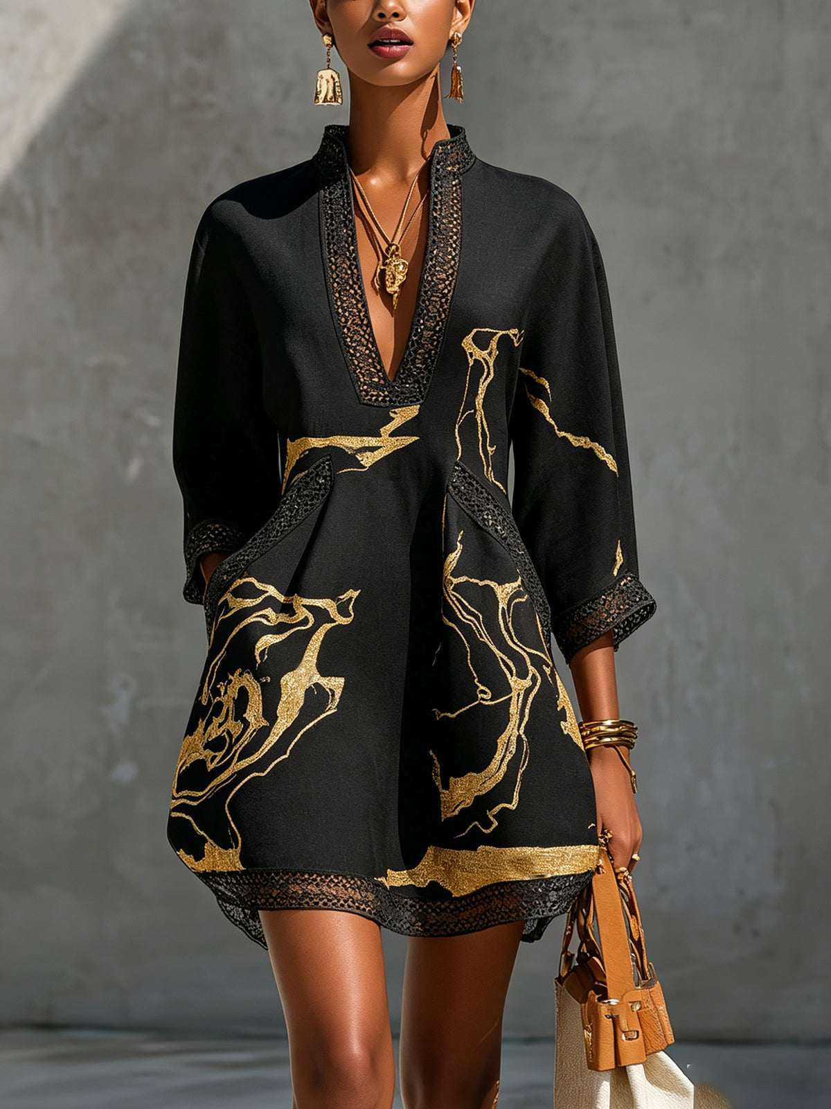 Ebony | Mini Dress with V-Neck, Black and Gold Print