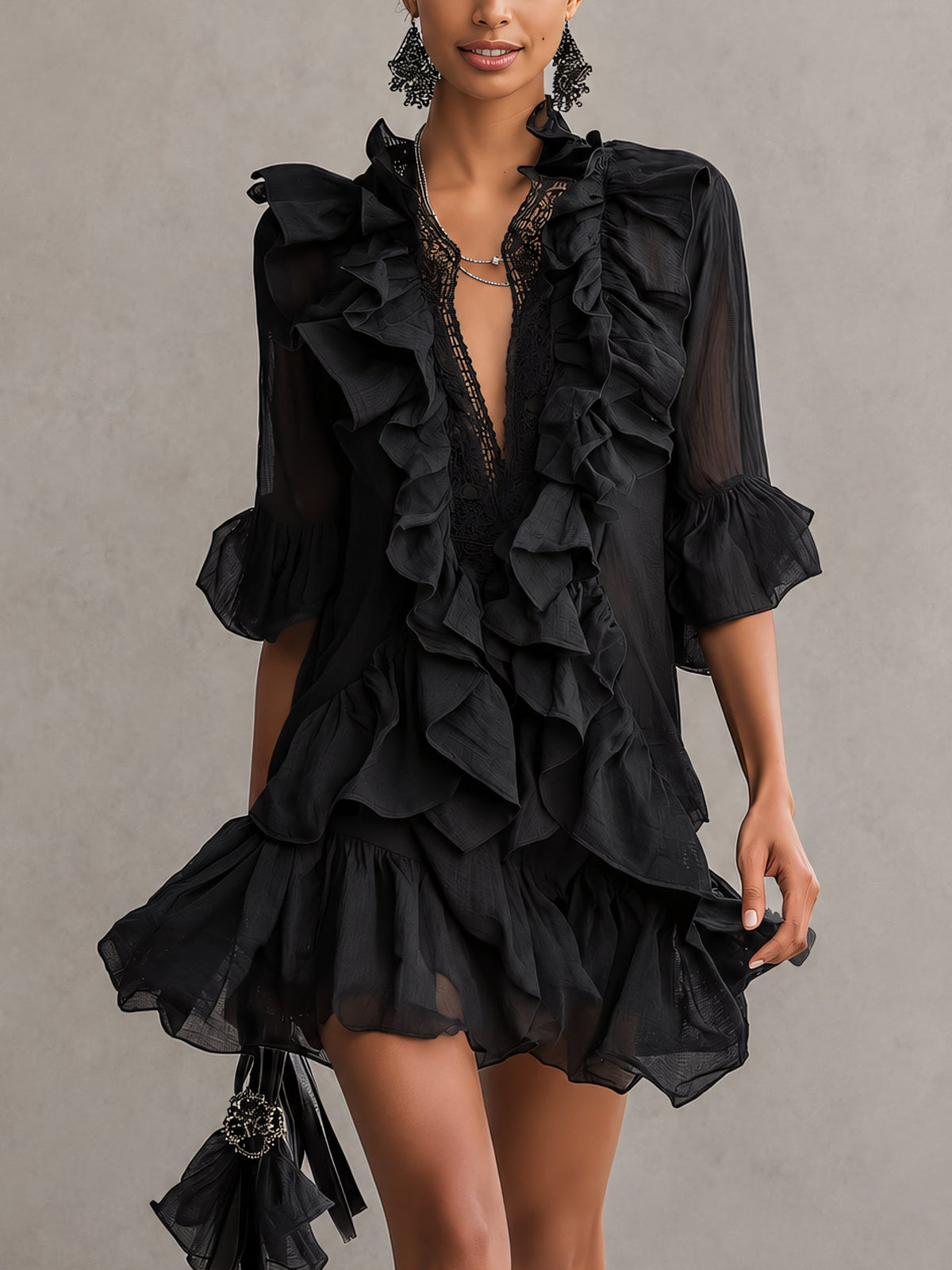 Anaïs | Black Chiffon Mini Dress with Ruffles