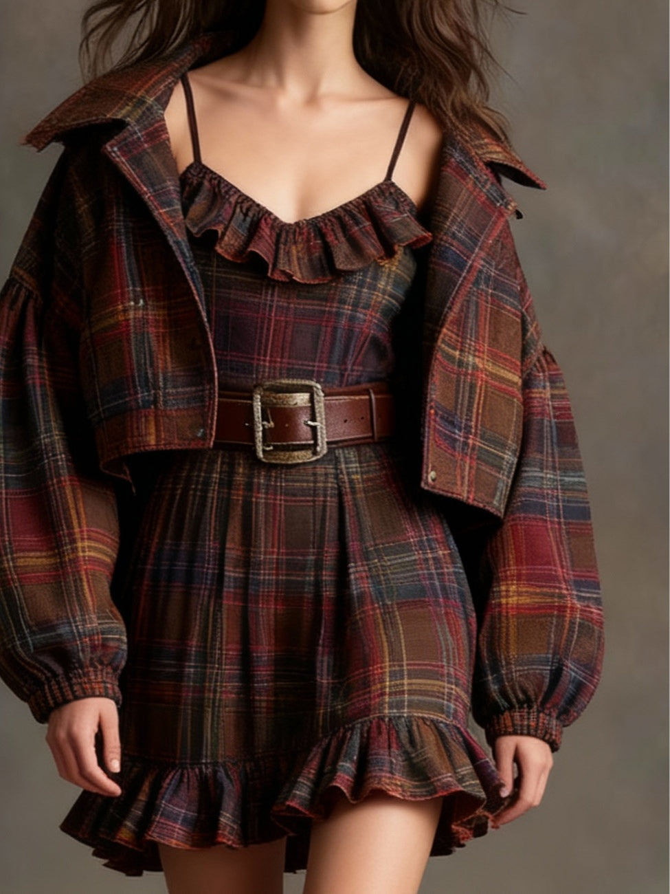 Marielle | Vintage Check and Stripe Mini Dress with Oversized Jacket (with belt)
